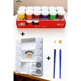 Glanart 12 Renk Guaj Boya Seti+ 12 Şişeli Palet ,fırça Seti (Renk Karıştırmanız Için) - Çok Renkli