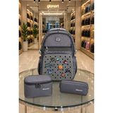 Glanart 3\'lü Set Çocuk Ilkokul Çantası+ Kalemlik+ Beslenme ( Delikli Model ) Relaxio 1 Adet - sırt çantası - Gri - 42x30x20