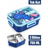 Glanart 750 ml Lunchbox Dinazor Desenli Tek Katlı 3 Bölmeli Paslanmaz Çelik Beslenme Kabı- Sefer Tası - 1 Adet - Mavi