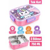 Glanart 750 ml Lunchbox Unicorn Desenli Tek Katlı 3 Bölmeli Paslanmaz Çelik Beslenme Kabı- Sefer Tası - 1 Adet