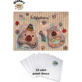 Glanart A4 Boy Çıt Çıt Ödev Dosyası +10\' Lu Poşet Dosya Capybara Sweet - 1 Adet - Çok Renkli
