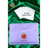 Glanart A4 Boy Çıt Çıt Ödev Dosyası +10\' Lu Poşet Dosya Pastel Renkler Lila Çilek Desen - 1 Adet