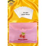 Glanart A4 Boy Çıt Çıt Ödev Dosyası +10\' Lu Poşet Dosya Pastel Renkler Pembe Kiraz Desen - 1 Adet