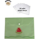 Glanart A4 Boy Çıt Çıt Ödev Dosyası +10\' Lu Poşet Dosya Pastel Renkler Yeşil Karpuz Desen - 1 Adet