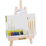 Glance Ahşap Masaüstü Şövale Seti – 25x38 Tuval, 12x12 ml Yağlı Boya, Palet, Fırça, Spatül ve Tam Resim Aksesuarları