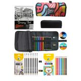 GLANCE Eskiz Defter Cepli Renkli Kalemlik 24 Bölmeli Set Dereceli Kalem Seti 8'li Boya Kalemi 12 Renk
