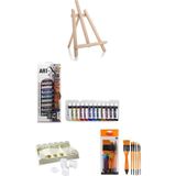 Glance Orta Boy Şövale-Art-X 12 ml 12 'li Renk Tüp Akrilik Set-Rich Set8 6'lı Fırça-Şişeli Palet 4'lü Set