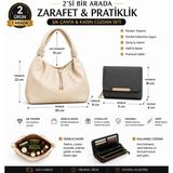 Glanzia Elara Ivory Krem Kadın Hobo Omuz Çantası ve Noir Siyah Cüzdan 2'li Set - Standart