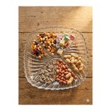 GLASS HOME 4 Bölmeli Kristal Cam Sunum Tabağı - 24x24 cm Büyük Boy Çerezlik ve Meyvelik