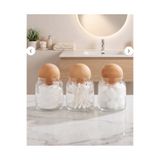 Glass&Grace 3'lü Ahşap Top Kapaklı Cam Banyo Seti Kulak Pamuğu & Pamuk & Organize Seti