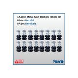 GLASSMAKRO 1. Kalite 8 Adet Kertikli + 8 Adet Kertiksiz Metal Cam Balkon Tekeri Set