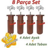 Glaswen 4 Adet Destek Ayağı 13-19 cm Kahverengi ve 4 Adet Metal Düz Ayak Tabanı M8 Civatalı Ince Diş Mobilya Kanepe Baza Koltuk Seti