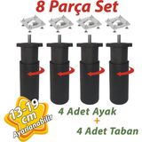 Glaswen 4 Adet Destek Ayağı 13-19 cm Siyah ve 4 Adet Metal Düz Ayak Tabanı M8 Civatalı Ince Diş Mobilya Kanepe Baza Koltuk Seti