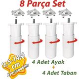 Glaswen 4 Adet Destek Ayağı 9,5-14,5 cm Beyaz ve 4 Adet Metal Düz Ayak Tabanı M8 Civatalı Ince Diş Mobilya Kanepe Baza Koltuk Seti