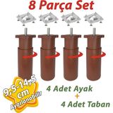 Glaswen 4 Adet Destek Ayağı 9,5-14,5 cm Kahverengi ve 4 Adet Metal Düz Ayak Tabanı M8 Civatalı Ince Diş Mobilya Kanepe Baza Koltuk Seti