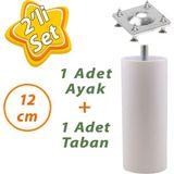 Glaswen Destek Ayağı 12 cm Beyaz ve Metal Düz Ayak Tabanı M8 Civatalı Ince Diş Mobilya Kanepe Baza Koltuk Seti