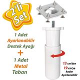 Glaswen Destek Ayağı 13-19 cm Beyaz ve Metal Düz Ayak Tabanı M8 Civatalı Ince Diş Mobilya Kanepe Baza Koltuk Seti