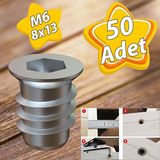 GLASWEN Metal Düz Dişli Dübel Ahşap Dübeli M6 8x13 Diş Çinko Mobilya Bağlantı Ünite Birleştirme (50 Adet)