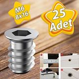 GLASWEN Metal Düz Dişli Dübel Ahşap Dübeli M6 8x16 Diş Çinko Mobilya Bağlantı Ünite Birleştirme (25 Adet)