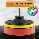 Glaswen Oto Araç Araba Pasta Cila Polisaj Süngeri + 115 mm Taban + Matkap Adaptörü Parlatıcı Çizik Giderici 3'lü Set - Turuncu
