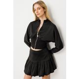 GLENDA Siyah Saten Fermuar Detaylı Crop Ceket