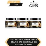 Gliss 4'ü 1 Arada Onarıcı & Yeniden Yapılandırıcı Saç Bakım Maskesi 400 ml x3 Sıvı Keratin İçerikli