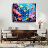 Glitglass Canlı Mercan Kayalığı ve Renkli Balıklar Temperli Cam Tablo - Akvaryum Duvar Dekoru - 30 x 45 - 001-Renkli