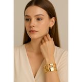 GLİTHE.CO Kadın Gold Çelik Kelepçe Bileklik - Geometrik Kesim Modern Paslanmaz Çelik Bileklik