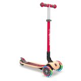 GLOBBER Primo katlanabilir ahşap ışıklar – Pedallı scooter, 120/80 mm, ABEC 5, 3 tekerlekli, LED ışıklı tekerlekler, ahşap kaplama, kırmızı