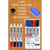 Globox 4 Adet Tahta Kalem Seti 2 Mavi 1 Kırmızı 1 Siyah Tahta Silgisi