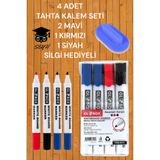 Globox Tahta Kalemi Seti, 4 Adet, 2 Mavi 1 Kırmızı 1 Siyah, Tahta Silgisi Hediyeli