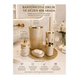 GLORİNDA HOME LÜKS BEJ RENK GOLD DETAYLI ŞIK, BANYONUZA VE EVİNİZE ZARİFLİK KATACAK 5'Lİ BANYO SETİ