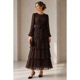 GLOW MUSE Eteği Kat Kat Puantiyeli Şifon Elbise -Kahverengi