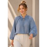 GLOW MUSE Yakası Bağlamalı Astarlı Oversize Tül Vual Bluz -Petrol
