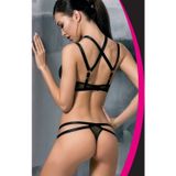 Glowilla Siyah Şerit Detaylı Transparan Fantezi Çekici Sütyen Külot Takımı - Strappy Dekolteli Tül Detaylı String İç Giyim Seti