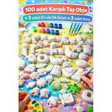 Glowria 100 adet karışık Çocuk Taş Boyama Setleri | 3 adet 6'lı Akrilik Boya, 3 adet Fırçalı Taş Hobi Kiti
