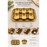 GM 6'lı Metal Kase Seti Tepsili – Gold Sunum Tepsisi ve 6 Adet Kase – Çerez, Meze, Lokum ve Sos Sunum Seti