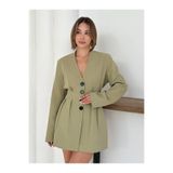 GM Butikk Kadın Yeni Sezon Derin V Yaka Uzun Kollu Mini Blazer Ceket Elbise Plise Detaylı Kadın Elbise