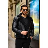 gm giyimarket Erkek Napa Deri Çapraz Fermuarlı İçi Full Kürklü Slim Fit Mont & Ceket