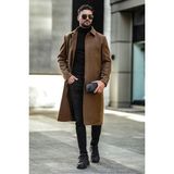 Gm Giyimarket Erkek Slim Fit Uzun Kaşe Kaban Kahverengi Yandan Cepli Kışlık Günlük Kullanım İçin