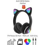 gnctech A Bass Kedili Kulaklık Bt Fm Radyo Sd Kart Aux Giriş Rgb Işıklı Kedili Kablosuz Kulaklık