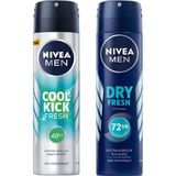 Gndz Store Men Erkek Sprey Deodorant Kick Fresh, 150 Ml, Ter ve Ter Kokusuna Karşı 48 Saat Anti-Perspirant Koruma X2 + Men Erkek Sprey Deodorant Dry Fresh 72 Saat Koruma, Ekstra Kuruluk, 150 ml - Option-1