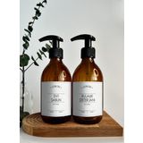 GO BLOBS 2'li Set 300ml Amber Kahverengi Cam Şişe Sıvı Sabun & Bulaşık Deterjanı Beyaz Etiketli (Kahverengi(beyaz sıvı sabun bulaşık deterjanı))