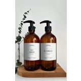 GO BLOBS 2'li Set 500ml Amber Kahverengi Cam Şişe Sıvı Sabun & El Kremi Beyaz Etiketli (kahverengi(Sıvı sabun el kremi))