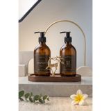 GO BLOBS Sabunluk Amber Şişe Cam İkili Şampuan-Duş Jeli Banyo Düzenleyici Lüks Gold Geyik Ahşap Standlı 500ml