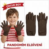 Go İthalat Çocuk Boy Pandomim Eldiveni Beyaz Puantiyeli Kahve Renk Gösteri Eldiveni 23 Nisan 19 Mayıs (50001)