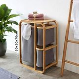 Go İthalat Kirli Çamaşır Sepeti Ahşap - Bambu 3 Organizer Bölmeli Kumaş Çantalı 50X30X70CM (5440)