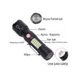 Go İthalat WS-2828 Ultra USB Şarjlı Polis El Feneri, Bekçi, Asker El Feneri Kırmızı Mavi Çakarlı 1000 Lümen (54