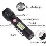 Go İthalat WS-2828 Ultra USB Şarjlı Polis El Feneri, Bekçi, Asker El Feneri Kırmızı Mavi Çakarlı 1000 Lümen (5615) - Siyah