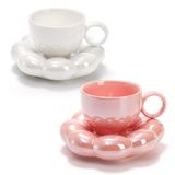 Goaste 2'li Paket Seramik Kahve Fincanı Saucer Setli, Sevimli Bulut Kupa, Ayçiçeği Bardak Altlığı, 8oz Yaratıcı Latte Çay Fincanı, Ofis, Ev, Kahve, Çay, Latte, Süt, Pembe, İnci Beyazı